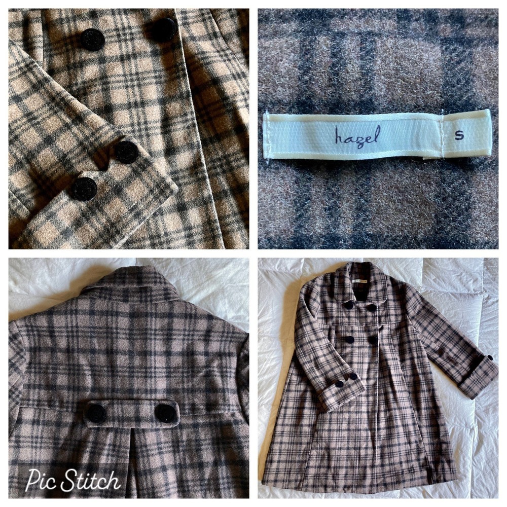 Anthropologie Hazel Double Breast Retro Coat Small Plaid Brown Black 3/4 Sleeve